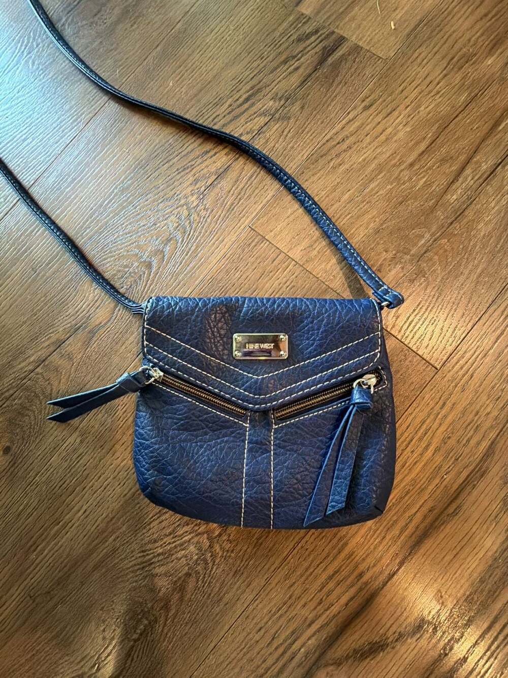 Nine West Navy Blue Faux Leather Crossbody Bag with Zipper Pockets